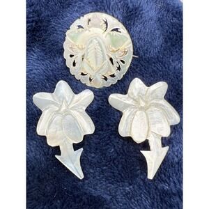 Vintage Mother‎ Of Pearl Brooch Earrings Signed Bethlehem Clip Ons